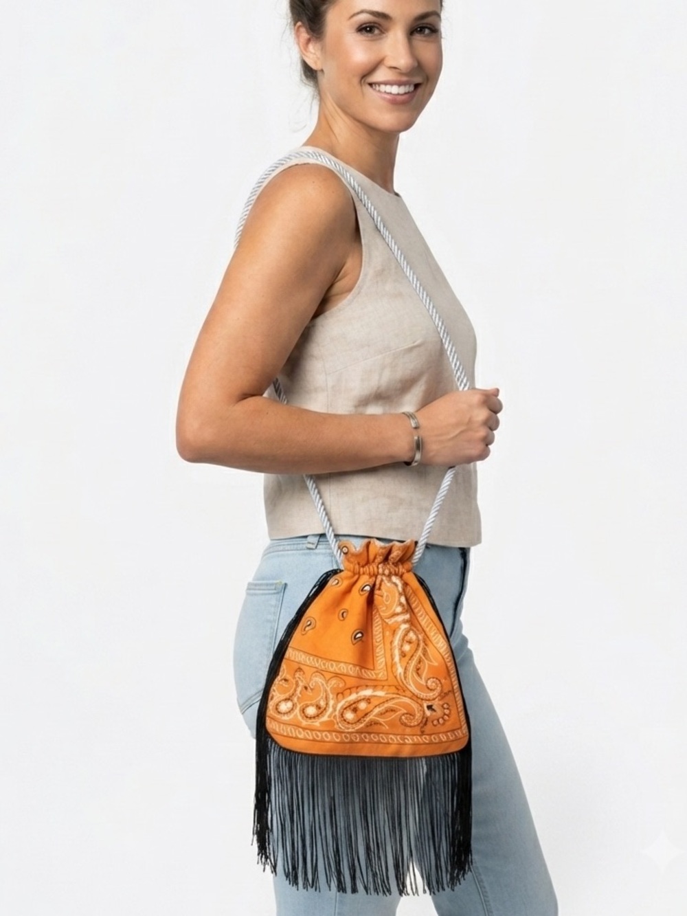 NEW Handmade Orange Bandana Drawstring Crossbody Bag with Black Fringe